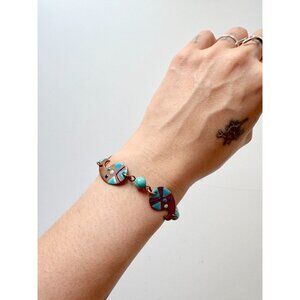 Vintage K.A Copper Turquoise Enamel Painted Beaded Chain Link Bracelet